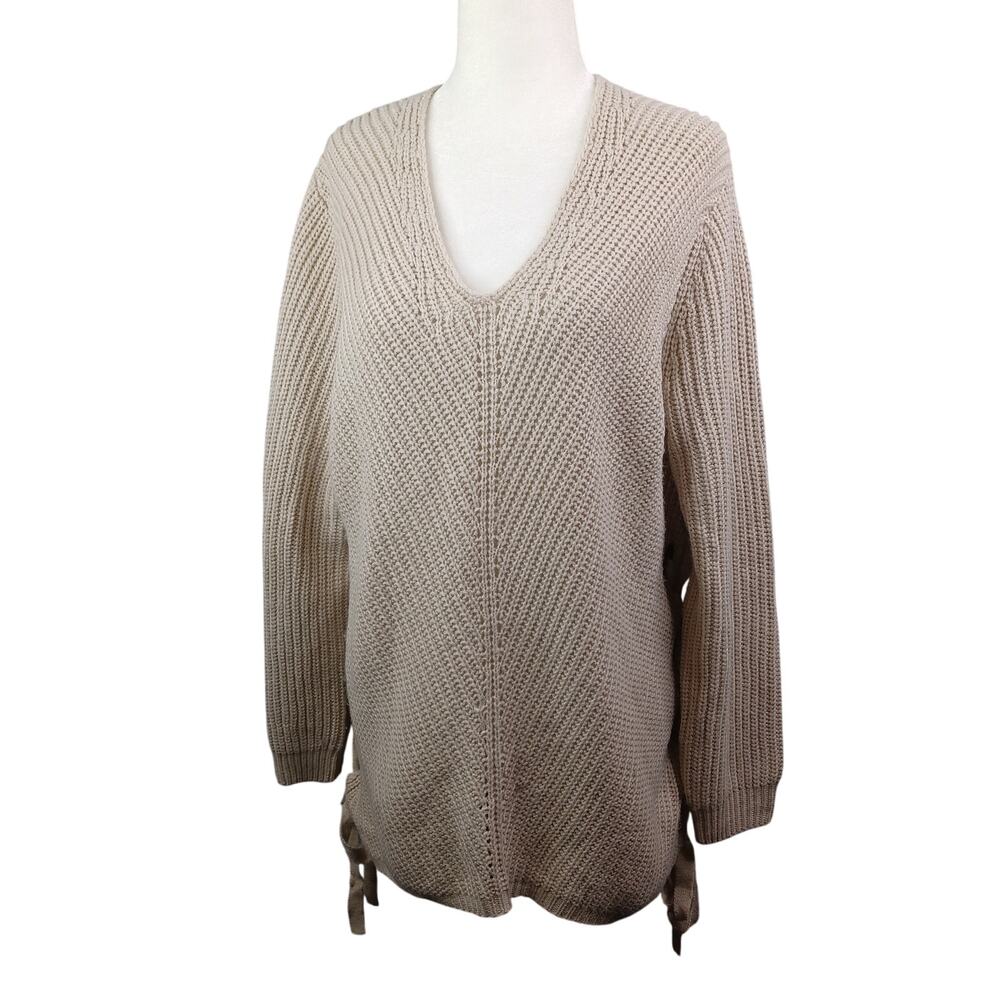 Umgee V-neck Sweater Women's L Beige Boho Grommet Lace Up Sides Chunky Knit